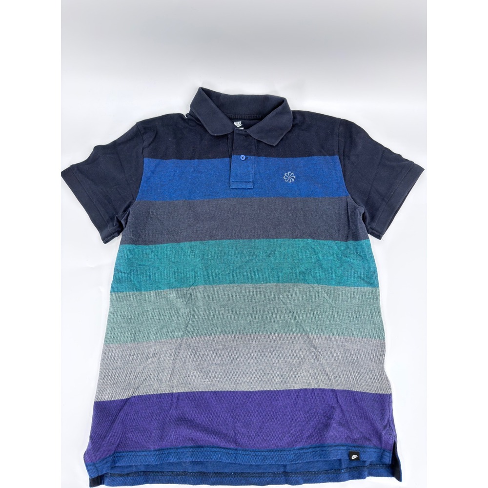 Nike Polo Shirt Striped Sunburst Logo Modern Kids Large Blue Purple Green Grey